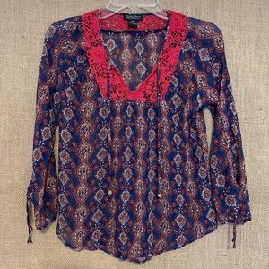 LUCKY BRAND Blue & Red Boho Peasant Top Crochet XS